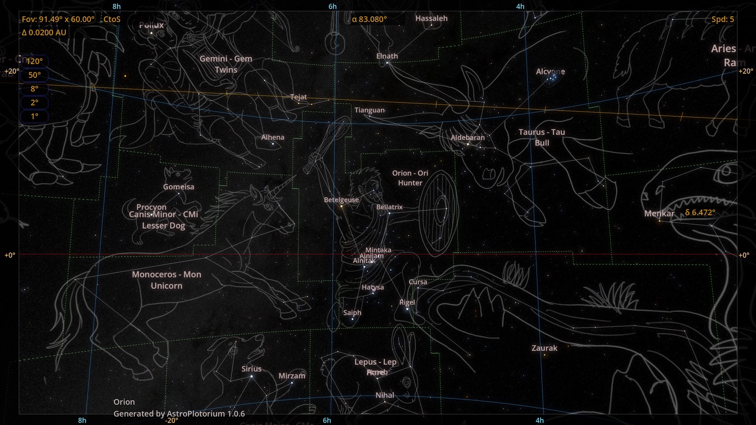 Orion on the celestial sphere, with constellation lines and figures